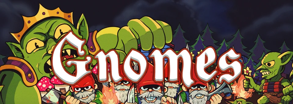 Gnomes header art showing gnomes facing goblins in a forest