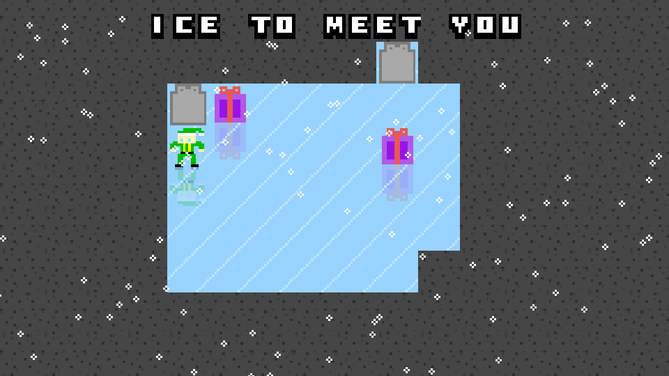 A Snowkoban ice level with a player, presents, blocks, and falling snow